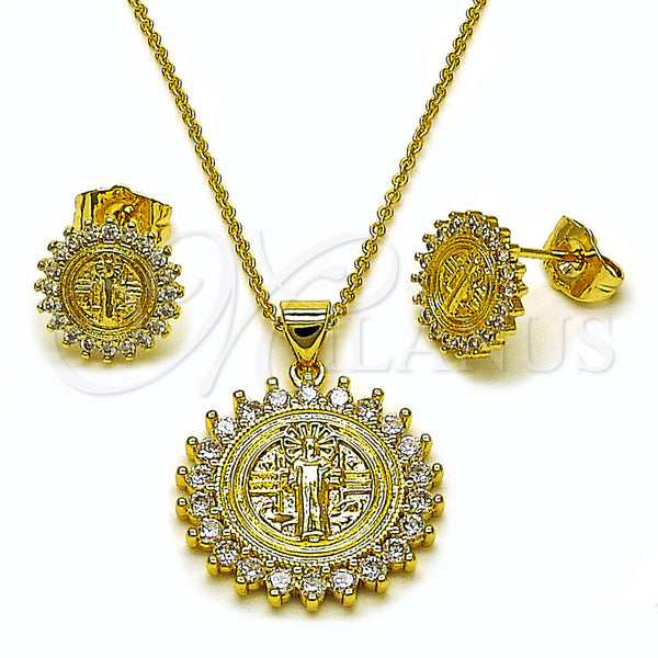 Oro Laminado Earring and Pendant Adult Set, Gold Filled Style San Benito Design, with White Cubic Zirconia, Polished, Golden Finish, 10.156.0538