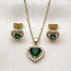 Oro Laminado Earring and Pendant Adult Set, Gold Filled Style Heart and Cluster Design, with Green and White Cubic Zirconia, Polished, Golden Finish, 10.156.0539