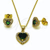 Oro Laminado Earring and Pendant Adult Set, Gold Filled Style Heart and Cluster Design, with Green and White Cubic Zirconia, Polished, Golden Finish, 10.156.0539