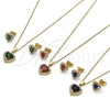 Oro Laminado Earring and Pendant Adult Set, Gold Filled Style Heart and Cluster Design, with Green and White Cubic Zirconia, Polished, Golden Finish, 10.156.0539