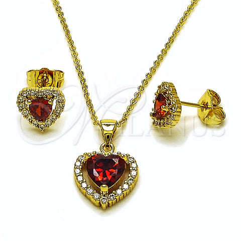 Oro Laminado Earring and Pendant Adult Set, Gold Filled Style Heart and Cluster Design, with Garnet and White Cubic Zirconia, Polished, Golden Finish, 10.156.0539.1