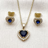 Oro Laminado Earring and Pendant Adult Set, Gold Filled Style Heart and Cluster Design, with Sapphire Blue and White Cubic Zirconia, Polished, Golden Finish, 10.156.0539.2