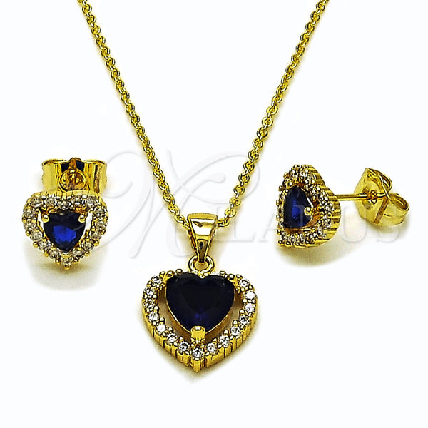 Oro Laminado Earring and Pendant Adult Set, Gold Filled Style Heart and Cluster Design, with Sapphire Blue and White Cubic Zirconia, Polished, Golden Finish, 10.156.0539.2