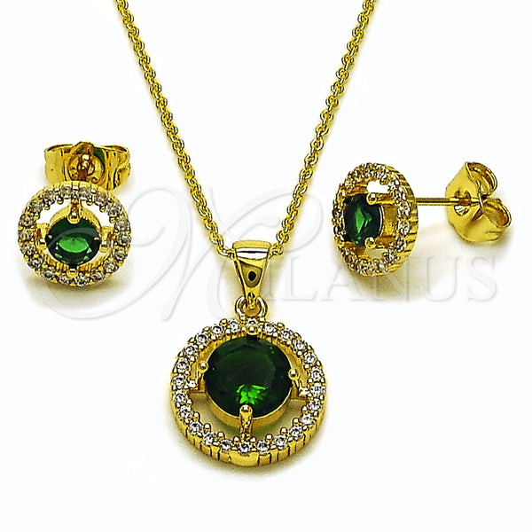 Oro Laminado Earring and Pendant Adult Set, Gold Filled Style Cluster Design, with Green and White Cubic Zirconia, Polished, Golden Finish, 10.156.0540