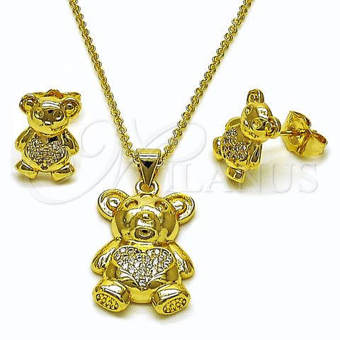 Oro Laminado Earring and Pendant Adult Set, Gold Filled Style Teddy Bear and Heart Design, with White Micro Pave, Polished, Golden Finish, 10.156.0541