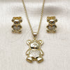 Oro Laminado Earring and Pendant Adult Set, Gold Filled Style Teddy Bear and Heart Design, with White Micro Pave, Polished, Golden Finish, 10.156.0541
