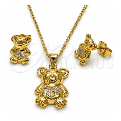 Oro Laminado Earring and Pendant Adult Set, Gold Filled Style Teddy Bear and Heart Design, with White Micro Pave, Polished, Golden Finish, 10.156.0541