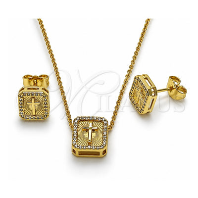 Oro Laminado Earring and Pendant Adult Set, Gold Filled Style Cross Design, with White Micro Pave, Diamond Cutting Finish, Golden Finish, 10.156.0542