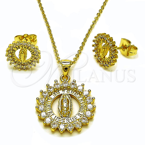 Oro Laminado Earring and Pendant Adult Set, Gold Filled Style Guadalupe Design, with White Cubic Zirconia, Polished, Golden Finish, 10.156.0543