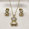 Oro Laminado Earring and Pendant Adult Set, Gold Filled Style Teddy Bear Design, with White and Black Micro Pave, Polished, Golden Finish, 10.156.0544