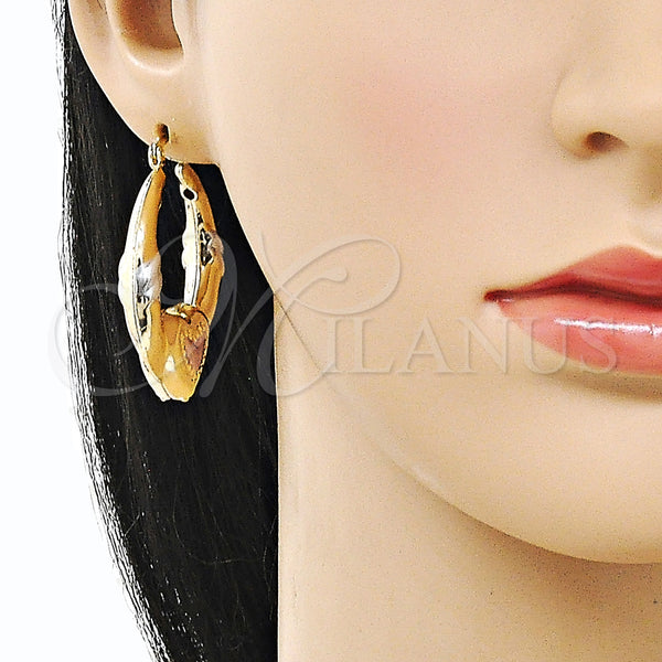 Gold Filled Hoop Earrings — Medium Hoop Heart and Hollow Design Polished Tricolor — alternate product view — SKU 160194 | Oro Laminado aretes de aro — Medium Hoop corazón and Hollow diseño pulido Tricolor — SKU 160194