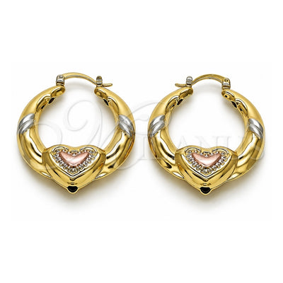 Oro Laminado Medium Hoop, Gold Filled Style Heart and Hollow Design, Polished, Tricolor, 02.170.0507.35