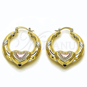 Gold Filled Hoop Earrings — Medium Hoop Heart and Hollow Design Polished Tricolor — main product view — SKU 160194 | Oro Laminado aretes de aro — Medium Hoop corazón and Hollow diseño pulido Tricolor — SKU 160194