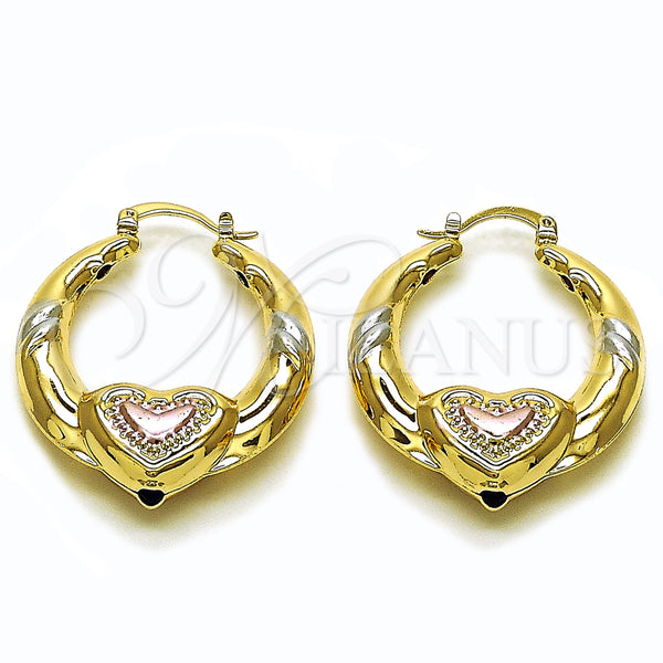 Gold Filled Hoop Earrings — Medium Hoop Heart and Hollow Design Polished Tricolor — main product view — SKU 160194 | Oro Laminado aretes de aro — Medium Hoop corazón and Hollow diseño pulido Tricolor — SKU 160194