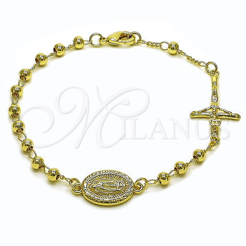 Oro Laminado Fancy Bracelet, Gold Filled Style Guadalupe and Cross Design, Polished, Golden Finish, 03.213.0350.08 (04 MM Thickness, 8 Inches Length)