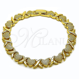 Gold Filled Bracelet — Tennis Bracelet Heart and Hugs and Kisses Design — main product view — SKU 160208 | Oro Laminado brazalete — Tennis Bracelet corazón and Hugs and Kisses diseño — SKU 160208