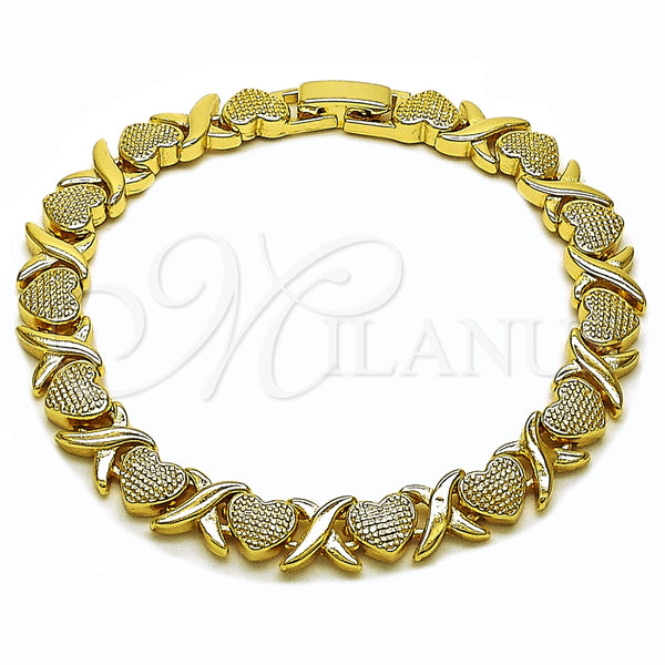 Gold Filled Bracelet — Tennis Bracelet Heart and Hugs and Kisses Design — main product view — SKU 160208 | Oro Laminado brazalete — Tennis Bracelet corazón and Hugs and Kisses diseño — SKU 160208