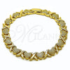 Oro Laminado Tennis Bracelet, Gold Filled Style Heart and Hugs and Kisses Design, Matte Finish, Golden Finish, 03.213.0356.07 (Thickness, 8 Inches Length)