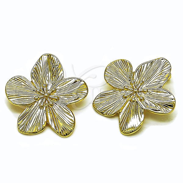 Oro Laminado Stud Earring, Gold Filled Style Flower Design, Diamond Cutting Finish, Golden Finish, 02.213.0819