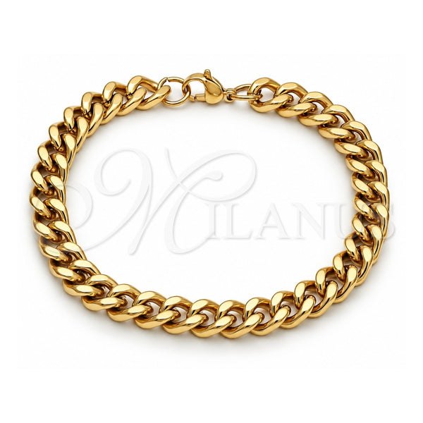 Stainless Steel Basic Bracelet, Miami Cuban Design, Polished, Golden Finish, 03.435.0002.09 (08 MM Thickness, 9 Inches Length)