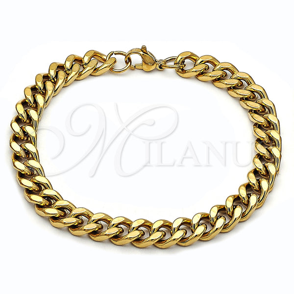 Stainless Steel Basic Bracelet, Miami Cuban Design, Polished, Golden Finish, 03.435.0002.09 (08 MM Thickness, 9 Inches Length)