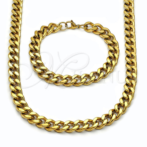 Stainless Steel Necklace and Bracelet, Miami Cuban Design, Polished, Golden Finish, 06.435.0002
