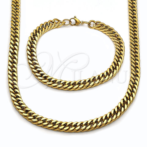 Stainless Steel Necklace and Bracelet, Miami Cuban Design, Polished, Golden Finish, 06.278.0016.1