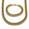 Stainless Steel Necklace and Bracelet, Miami Cuban Design, Polished, Golden Finish, 06.435.0003