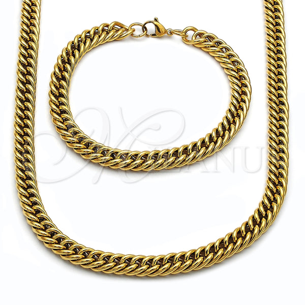 Stainless Steel Necklace and Bracelet, Miami Cuban Design, Polished, Golden Finish, 06.278.0013.1