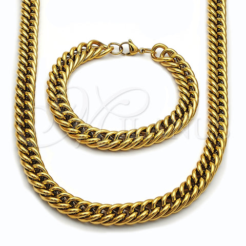 Stainless Steel Necklace and Bracelet, Miami Cuban Design, Polished, Golden Finish, 06.278.0014.1