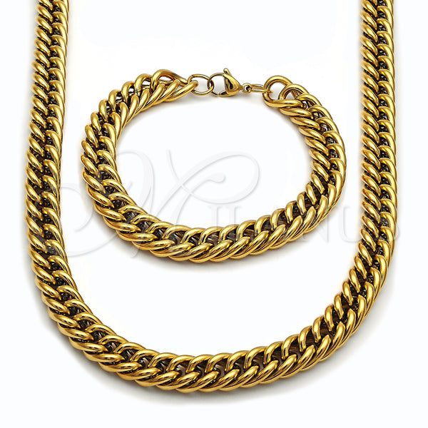 Stainless Steel Necklace and Bracelet, Miami Cuban Design, Polished, Golden Finish, 06.278.0014.1