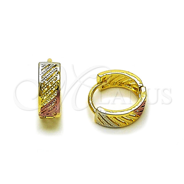 Gold Filled Hoop Earrings — Huggie Hoop Diamond Cutting Tricolor 02. — main product view — SKU 160235 | Oro Laminado aretes de aro — Huggie Hoop Diamond Cutting Tricolor 02. — SKU 160235