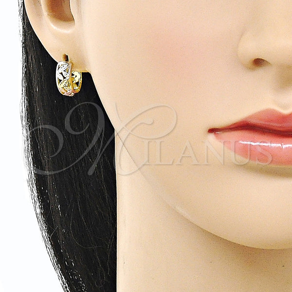 Gold Filled Hoop Earrings — Huggie Hoop Leaf Design Polished Tricolor 02. — alternate product view — SKU 160237 | Oro Laminado aretes de aro — Huggie Hoop Leaf diseño pulido Tricolor 02. — SKU 160237