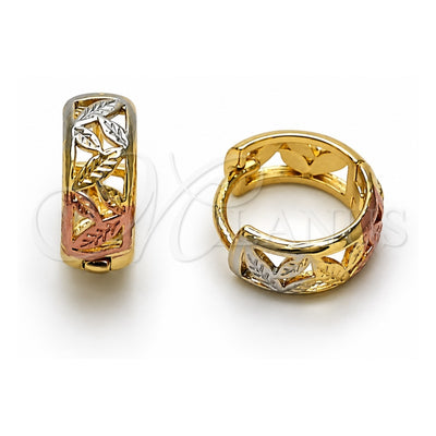 Oro Laminado Huggie Hoop, Gold Filled Style Leaf Design, Polished, Tricolor, 02.156.0726.15