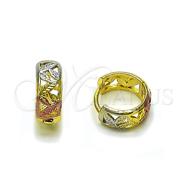 Gold Filled Hoop Earrings — Huggie Hoop Leaf Design Polished Tricolor 02. — main product view — SKU 160237 | Oro Laminado aretes de aro — Huggie Hoop Leaf diseño pulido Tricolor 02. — SKU 160237