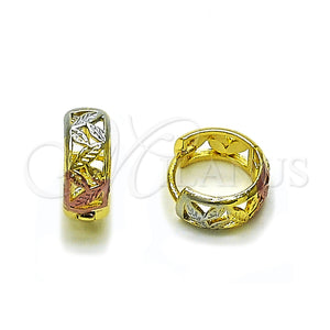 Gold Filled Hoop Earrings — Huggie Hoop Leaf Design Polished Tricolor 02. — main product view — SKU 160237 | Oro Laminado aretes de aro — Huggie Hoop Leaf diseño pulido Tricolor 02. — SKU 160237