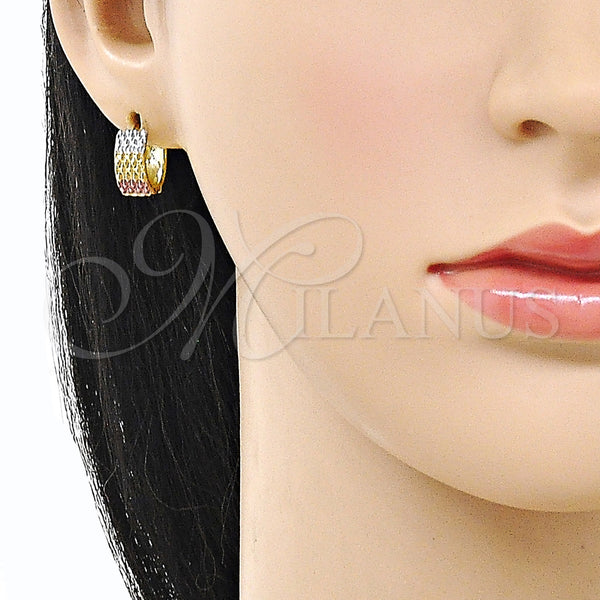 Gold Filled Hoop Earrings — Huggie Hoop Diamond Cutting Tricolor 02. — alternate product view — SKU 160239 | Oro Laminado aretes de aro — Huggie Hoop Diamond Cutting Tricolor 02. — SKU 160239