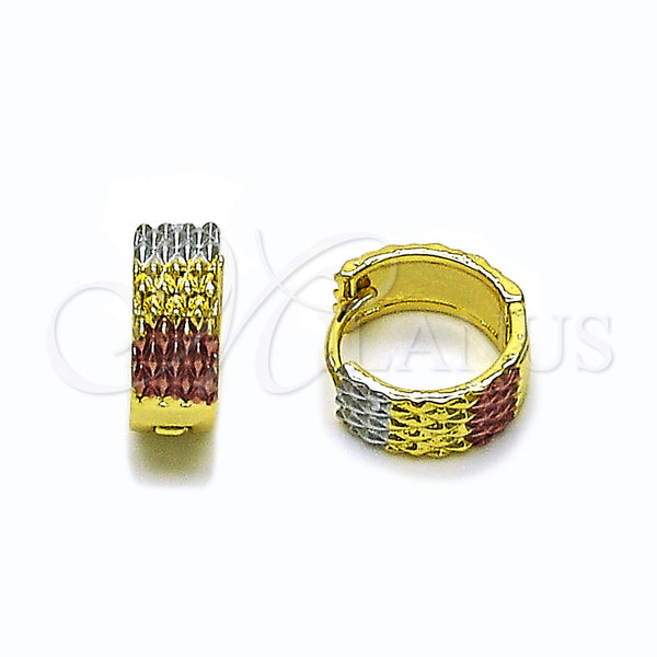 Gold Filled Hoop Earrings — Huggie Hoop Diamond Cutting Tricolor 02. — main product view — SKU 160239 | Oro Laminado aretes de aro — Huggie Hoop Diamond Cutting Tricolor 02. — SKU 160239