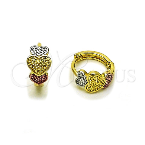 Oro Laminado Huggie Hoop, Gold Filled Style Heart Design, Polished, Tricolor, 02.156.0729.15