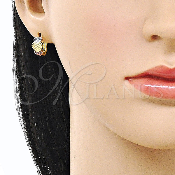 Gold Filled Hoop Earrings — Huggie Hoop Heart Design Polished Tricolor 02. — alternate product view — SKU 160240 | Oro Laminado aretes de aro — Huggie Hoop corazón diseño pulido Tricolor 02. — SKU 160240