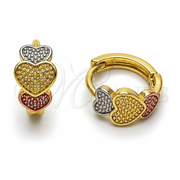 Oro Laminado Huggie Hoop, Gold Filled Style Heart Design, Polished, Tricolor, 02.156.0729.15