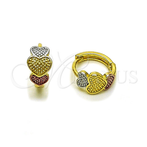 Oro Laminado Huggie Hoop, Gold Filled Style Heart Design, Polished, Tricolor, 02.156.0729.15