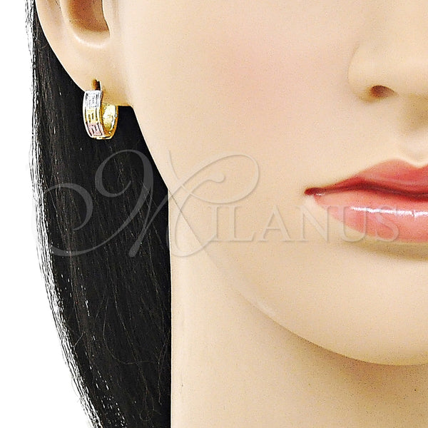 Gold Filled Hoop Earrings — Huggie Hoop Greek Key Design Polished Tricolor 02. — alternate product view — SKU 160241 | Oro Laminado aretes de aro — Huggie Hoop Greek Key diseño pulido Tricolor 02. — SKU 160241