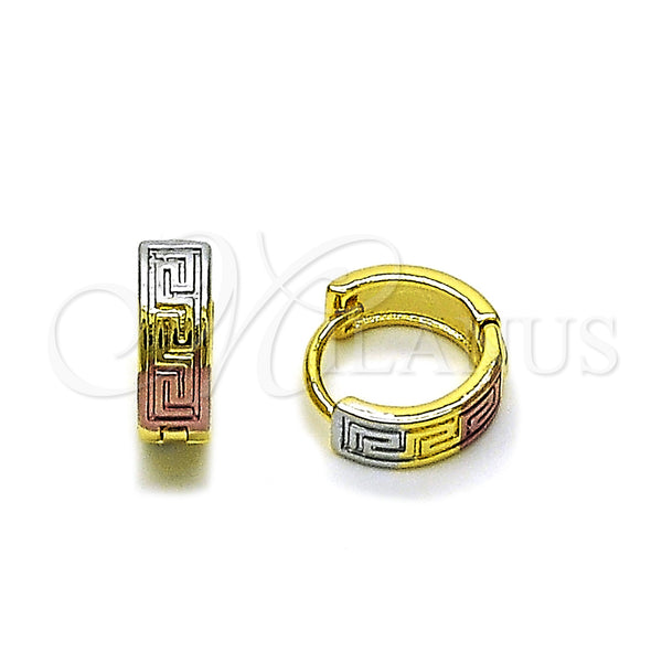 Gold Filled Hoop Earrings — Huggie Hoop Greek Key Design Polished Tricolor 02. — main product view — SKU 160241 | Oro Laminado aretes de aro — Huggie Hoop Greek Key diseño pulido Tricolor 02. — SKU 160241