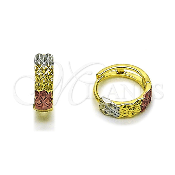 Gold Filled Hoop Earrings — Huggie Hoop Diamond Cutting Tricolor 02. — main product view — SKU 160242 | Oro Laminado aretes de aro — Huggie Hoop Diamond Cutting Tricolor 02. — SKU 160242