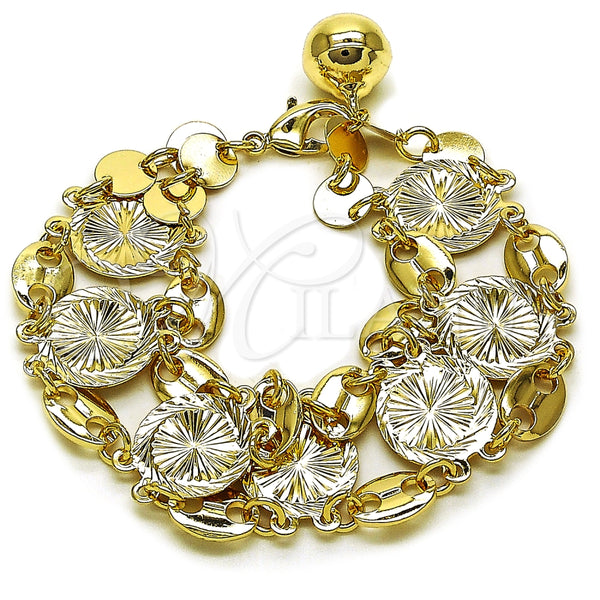 Oro Laminado Fancy Bracelet, Gold Filled Style Puff Mariner Design, Diamond Cutting Finish, Tricolor, 03.331.0323.08
