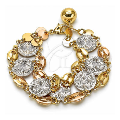 Oro Laminado Fancy Bracelet, Gold Filled Style Puff Mariner Design, Diamond Cutting Finish, Tricolor, 03.331.0323.08 (24 MM Thickness, 8 Inches Length)