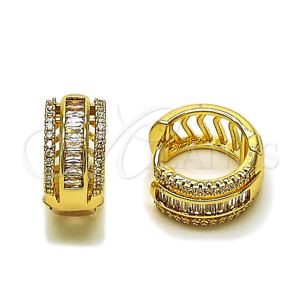 Oro Laminado Huggie Hoop, Gold Filled Style Baguette Design, with White Cubic Zirconia and White Micro Pave, Polished, Golden Finish, 02.283.0265.18