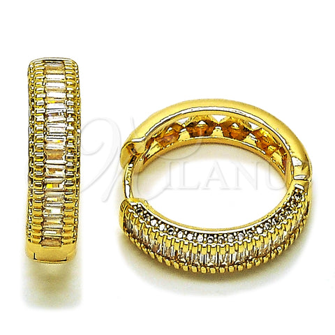 Oro Laminado Huggie Hoop, Gold Filled Style Baguette and Cluster Design, with White Cubic Zirconia and White Micro Pave, Polished, Golden Finish, 02.283.0273.25