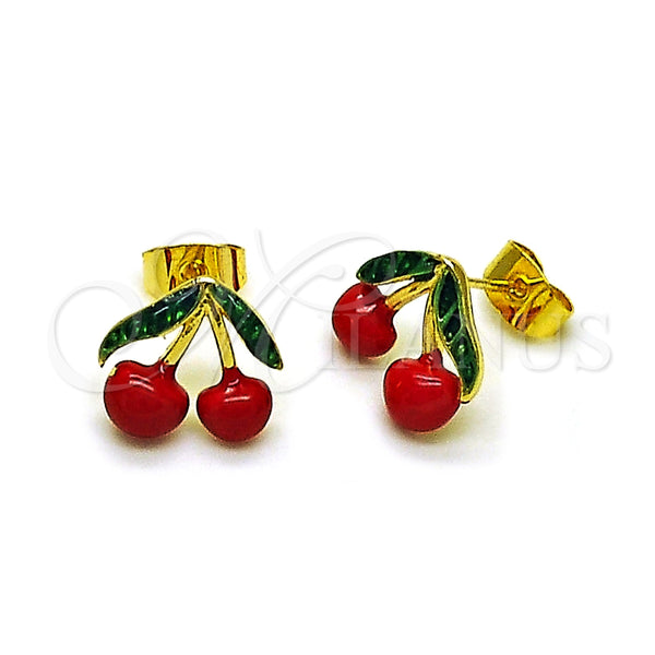 Oro Laminado Stud Earring, Gold Filled Style Cherry Design, Red Enamel Finish, Golden Finish, 02.283.0279